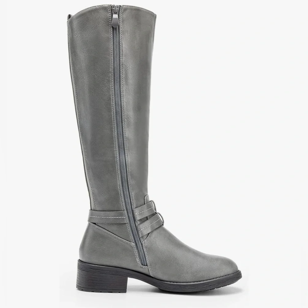 DREAM PAIRS Women's Grey Knee High Buckle Riding Boots - Picture 3 of 6